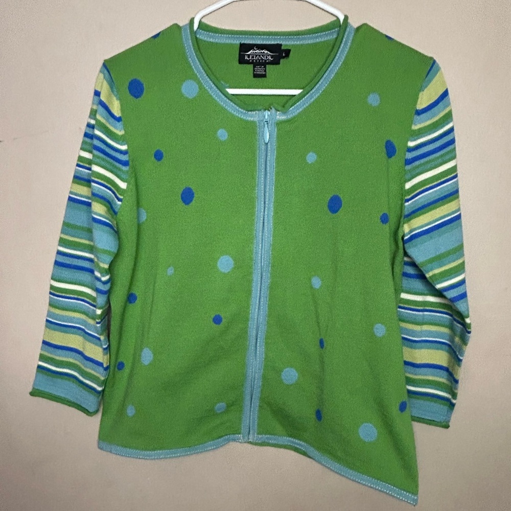 ICELANDIC DESIGN 100% Cotton polka dot full zip cardigan spring large artsy